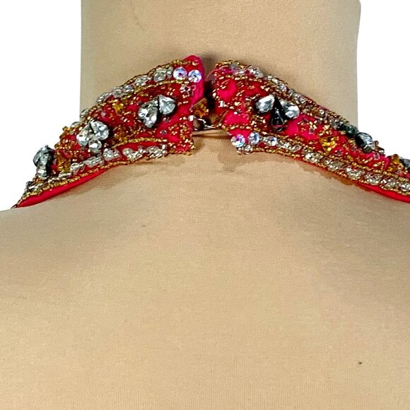 Gold & Pink Halter Formal Ball Gown Beaded Bodice Lace-Up Corset Back Kiss Kiss - Picture 8 of 14